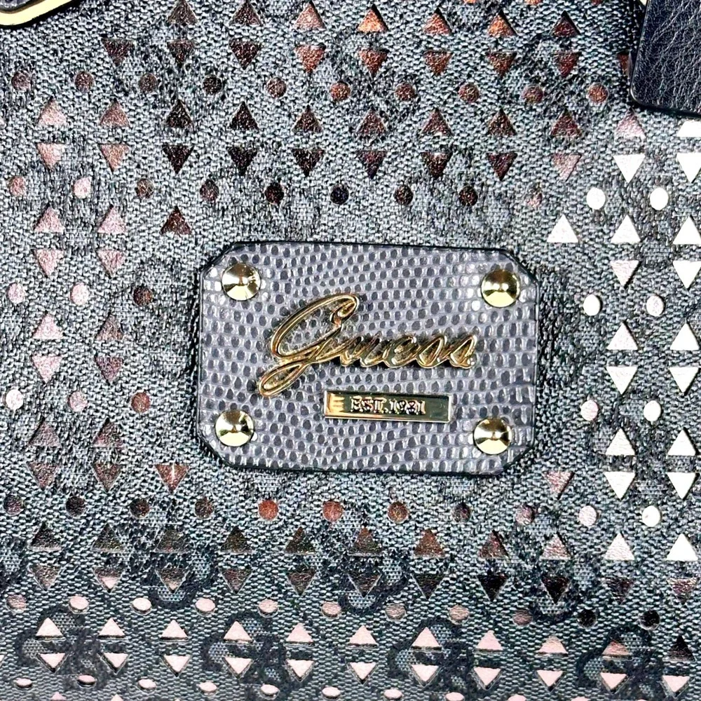 Guess Charcoal Blue Monogram Satchel Laser Cut Purse Leopard Lining Hand Bag